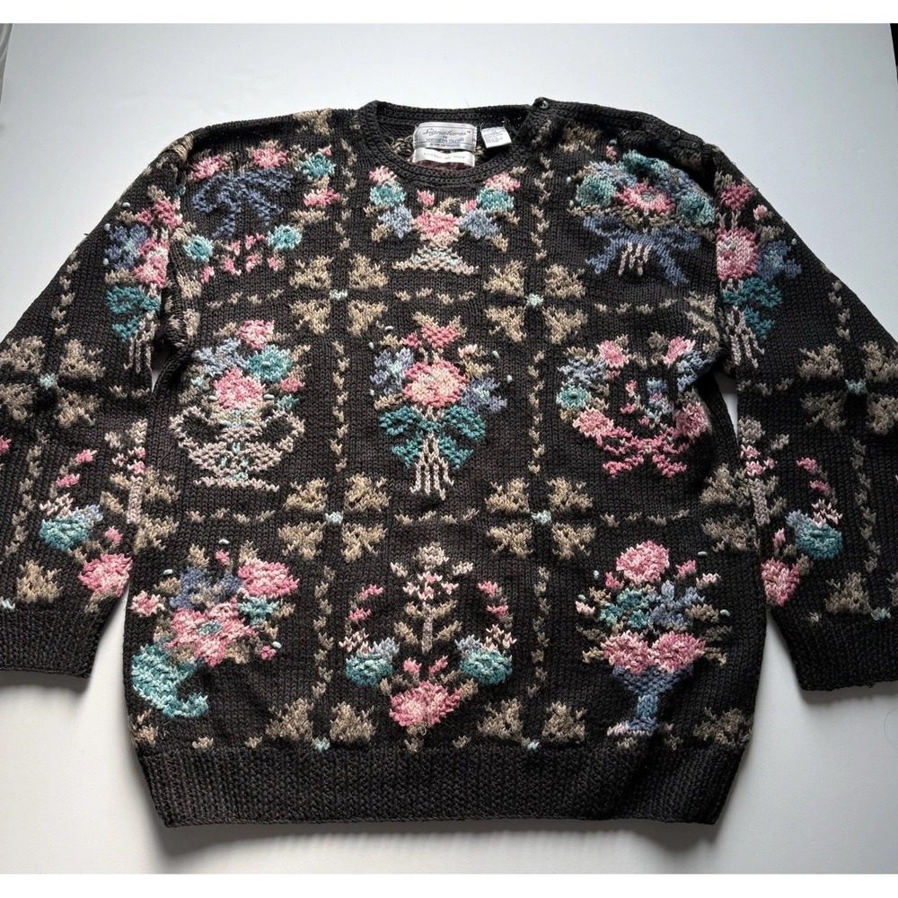 Vintage Signatures By Northern Isles Women's Floral Sweater L Ramie Cotton Blend